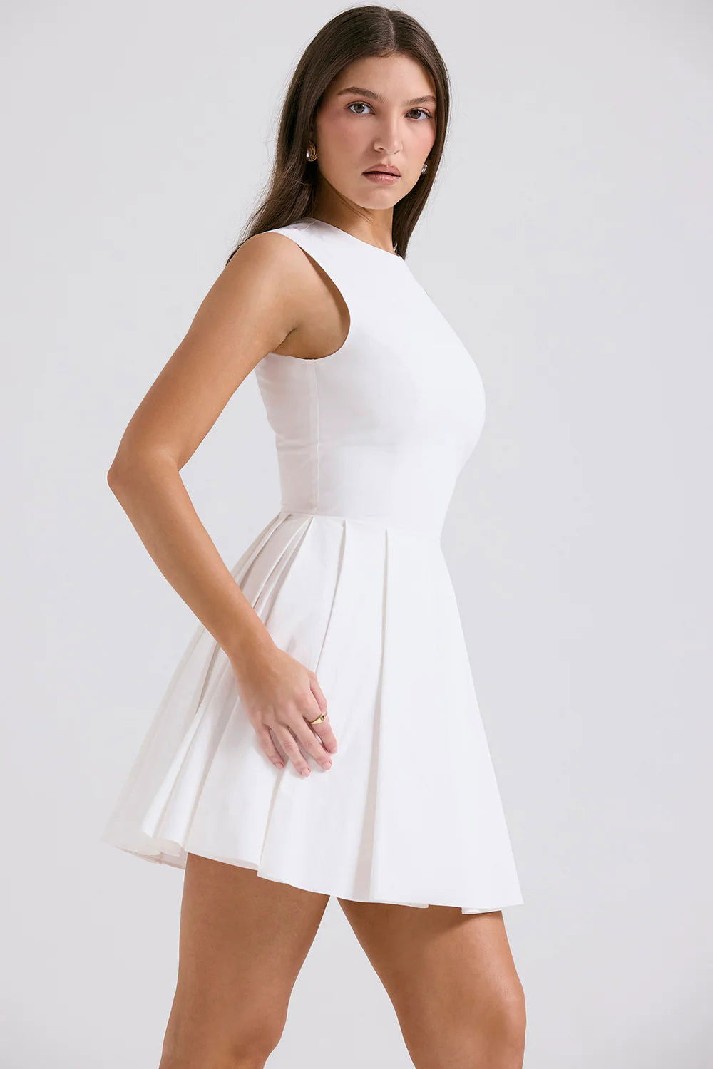 Vestido Curto Plissado de Algodão Branco Modelo Alessandria
