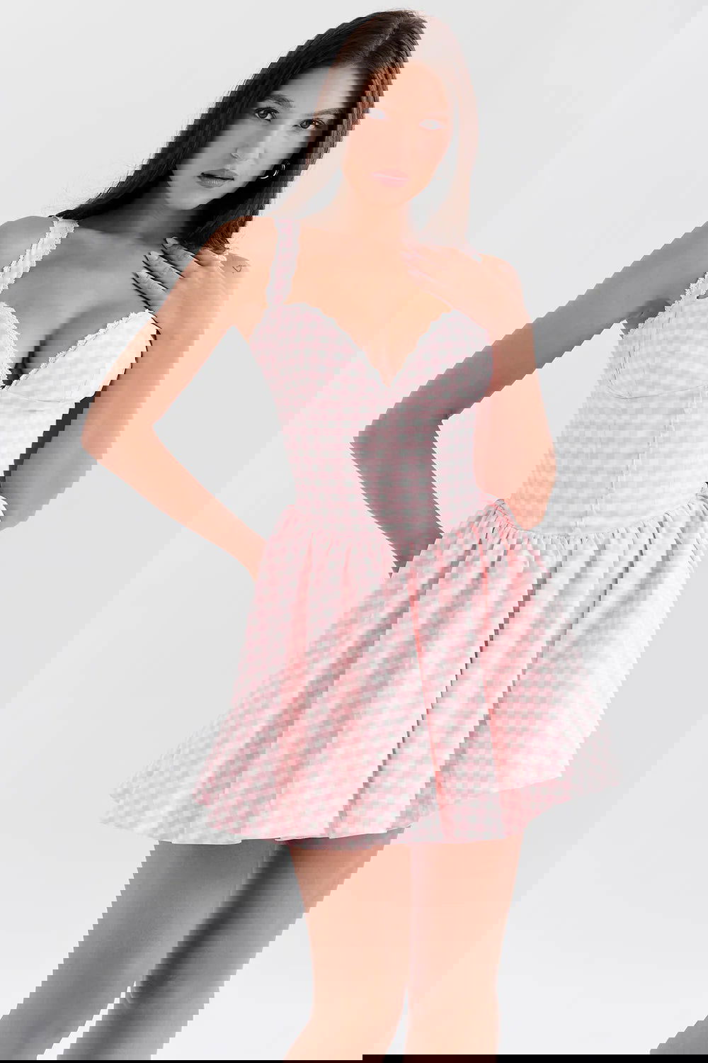 Vestido Curto Xadrez Rosa de Algodão Modelo Acerra