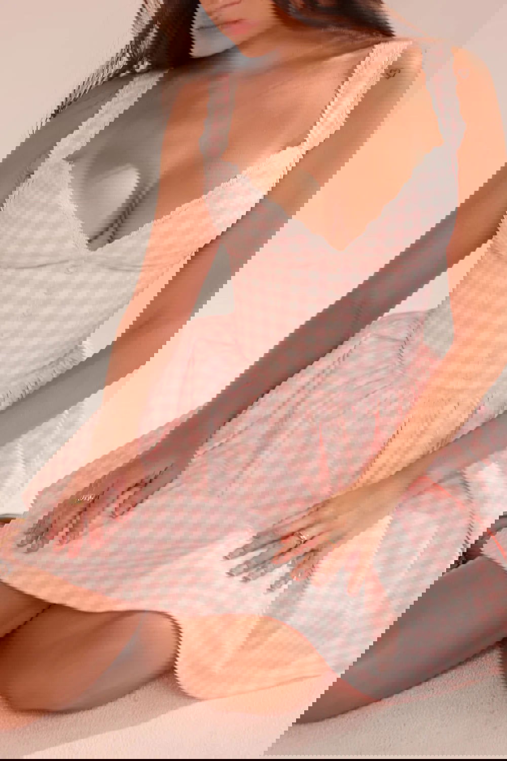 Vestido Curto Xadrez Rosa de Algodão Modelo Acerra