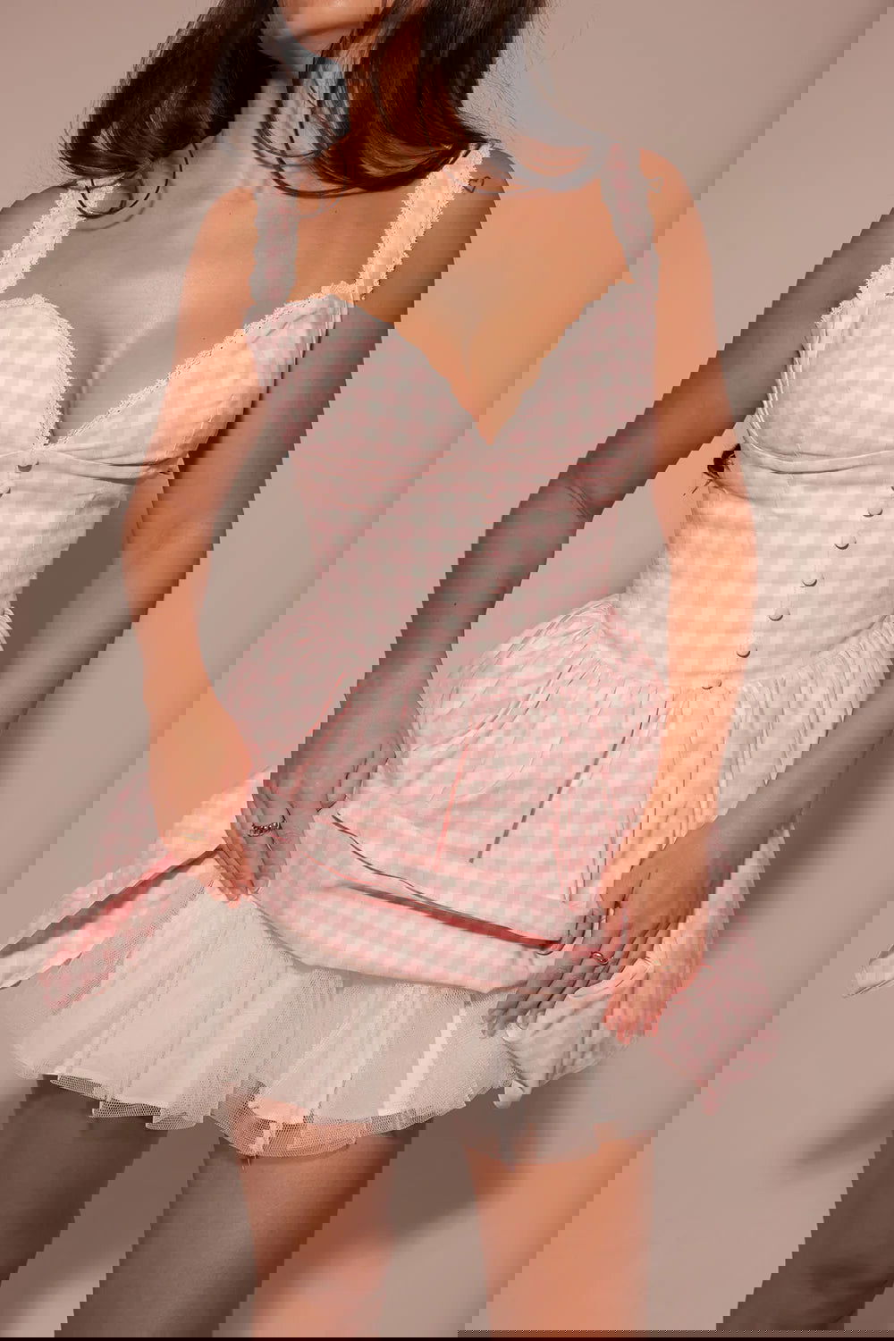 Vestido Curto Xadrez Rosa de Algodão Modelo Acerra