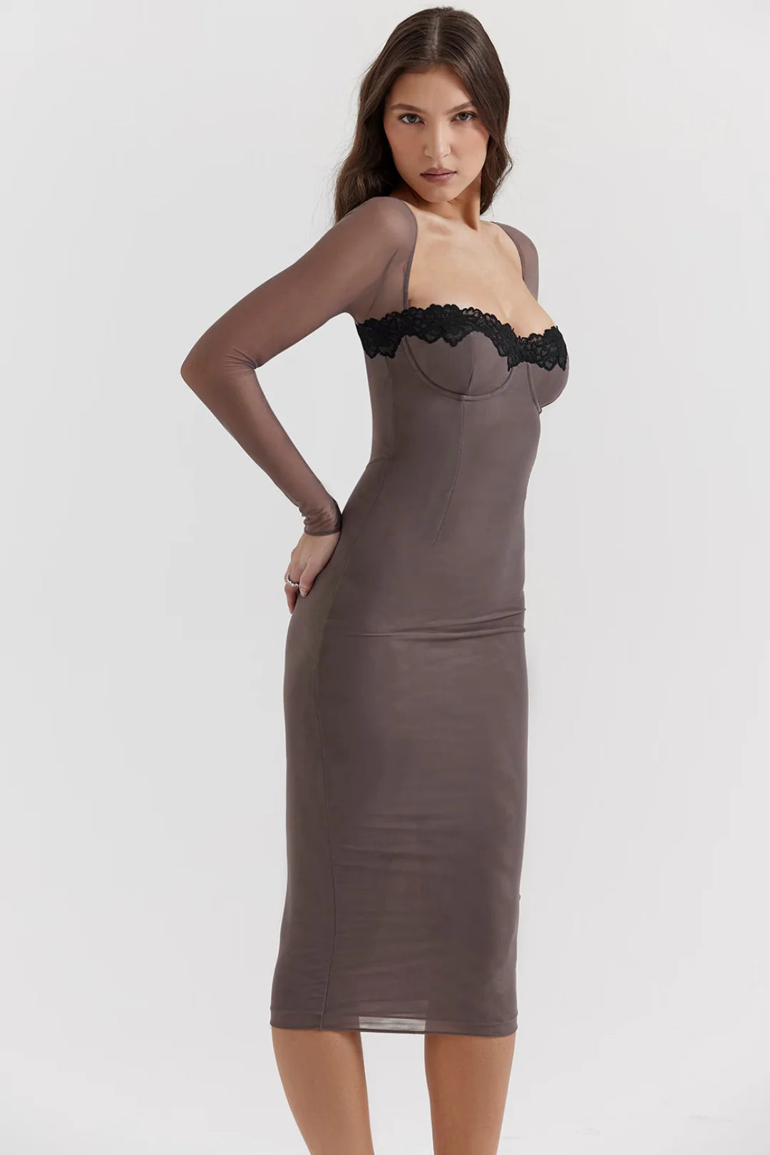 Vestido Midi Cinza Modelador Canelado Modelo Balsamo