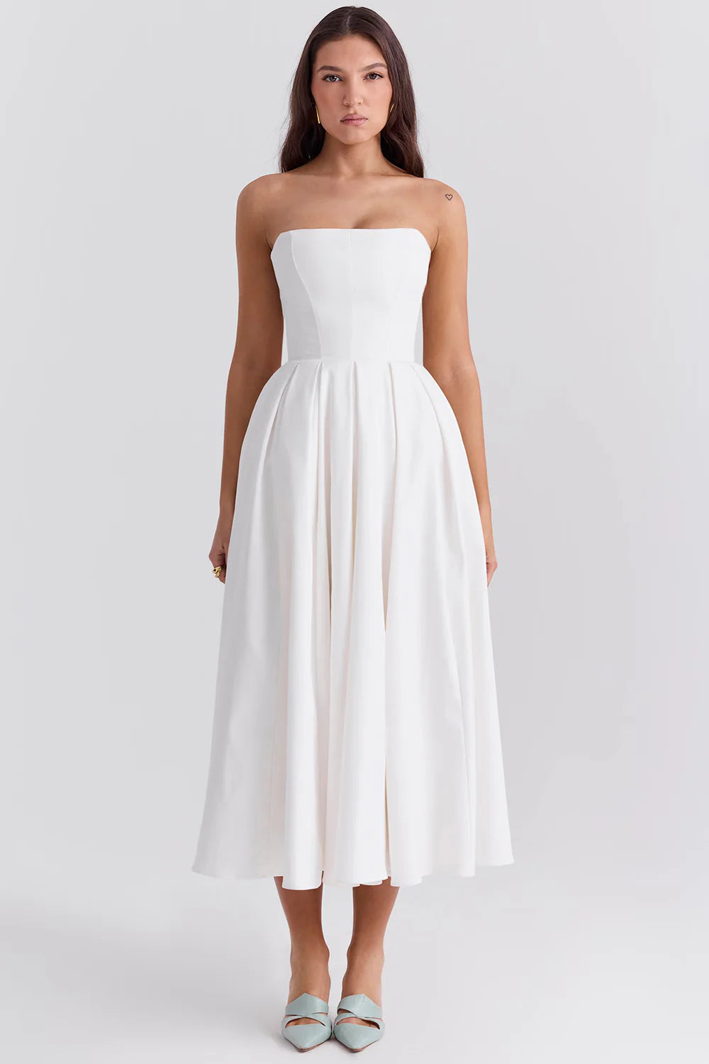 Vestido Midi Feminino Branco Liso Sem Alça Modelo Marina