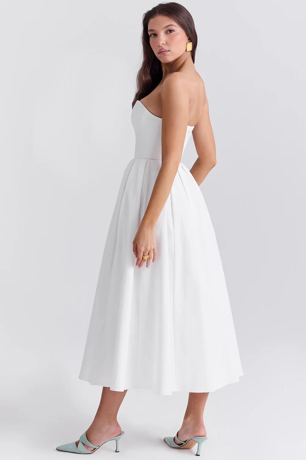 Vestido Midi Feminino Branco Liso Sem Alça Modelo Marina