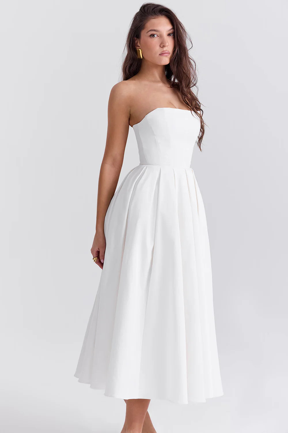 Vestido Midi Feminino Branco Liso Sem Alça Modelo Marina