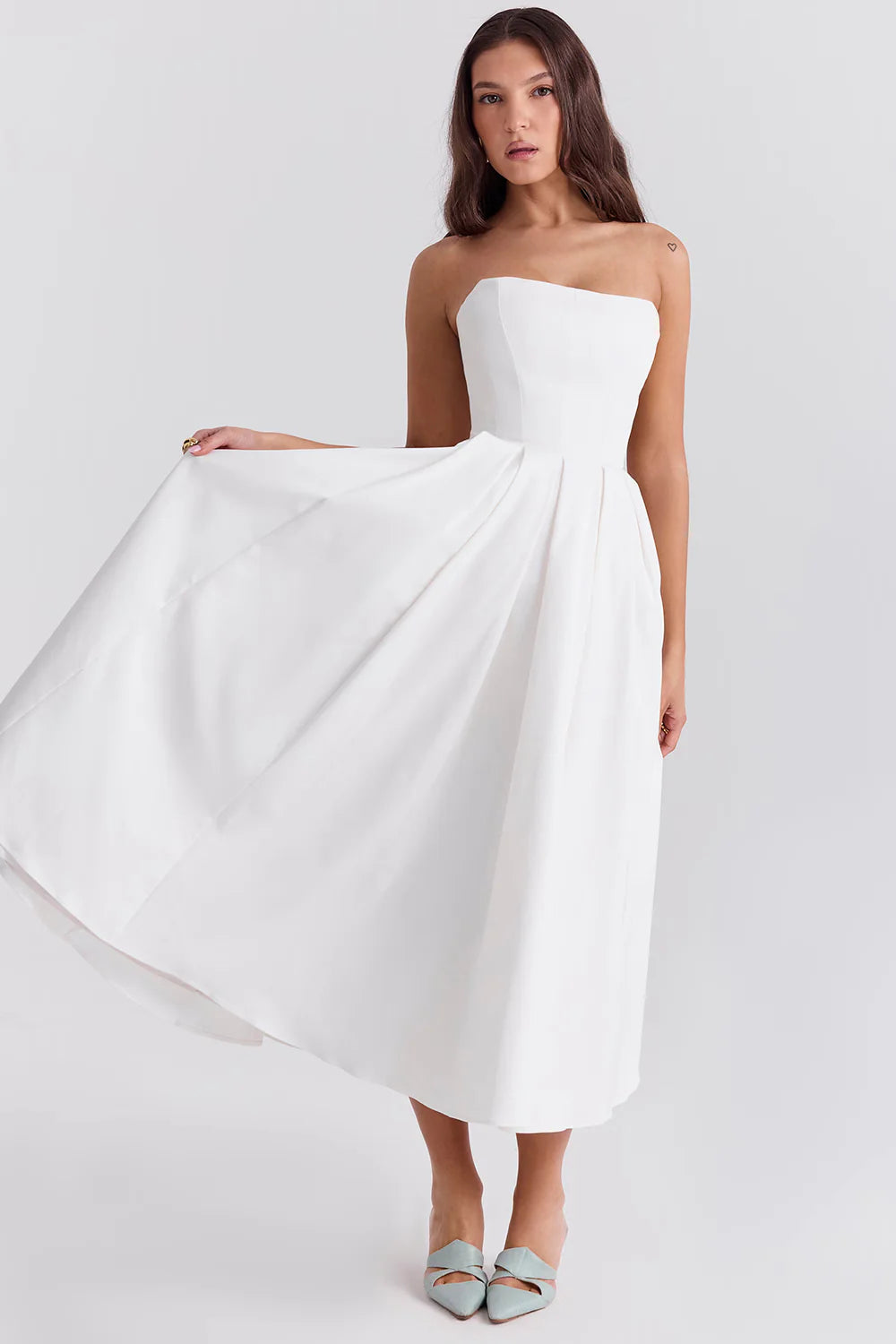 Vestido Midi Feminino Branco Liso Sem Alça Modelo Marina