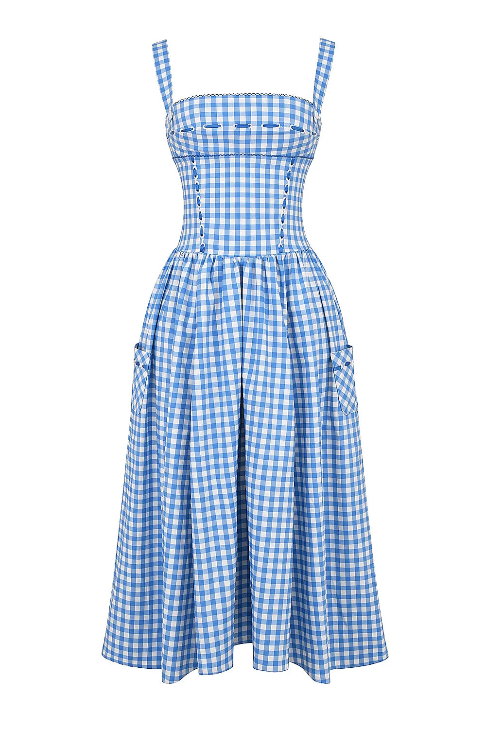 Vestido Midi Xadrez Azul Modelador de Algodão Modelo Castellana