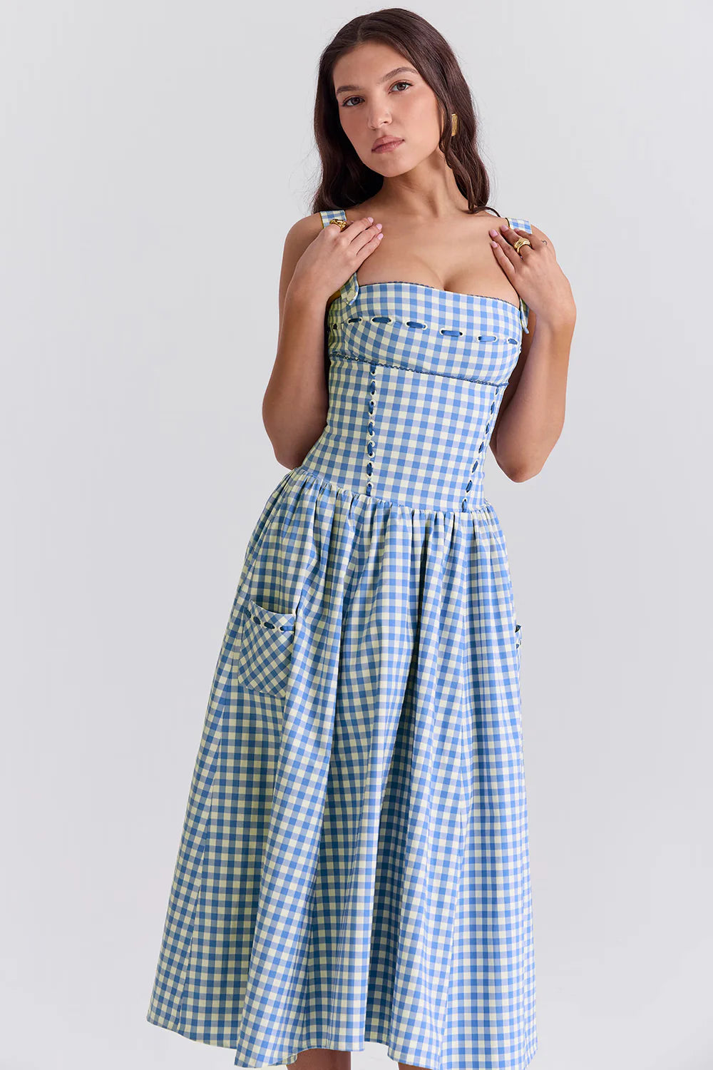 Vestido Midi Xadrez Azul Modelador de Algodão Modelo Castellana
