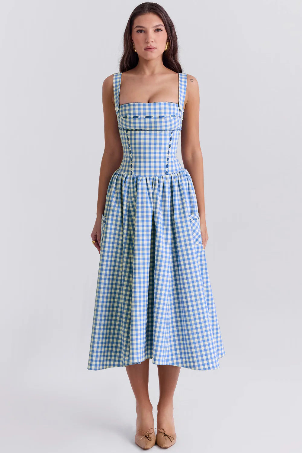 Vestido Midi Xadrez Azul Modelador de Algodão Modelo Castellana