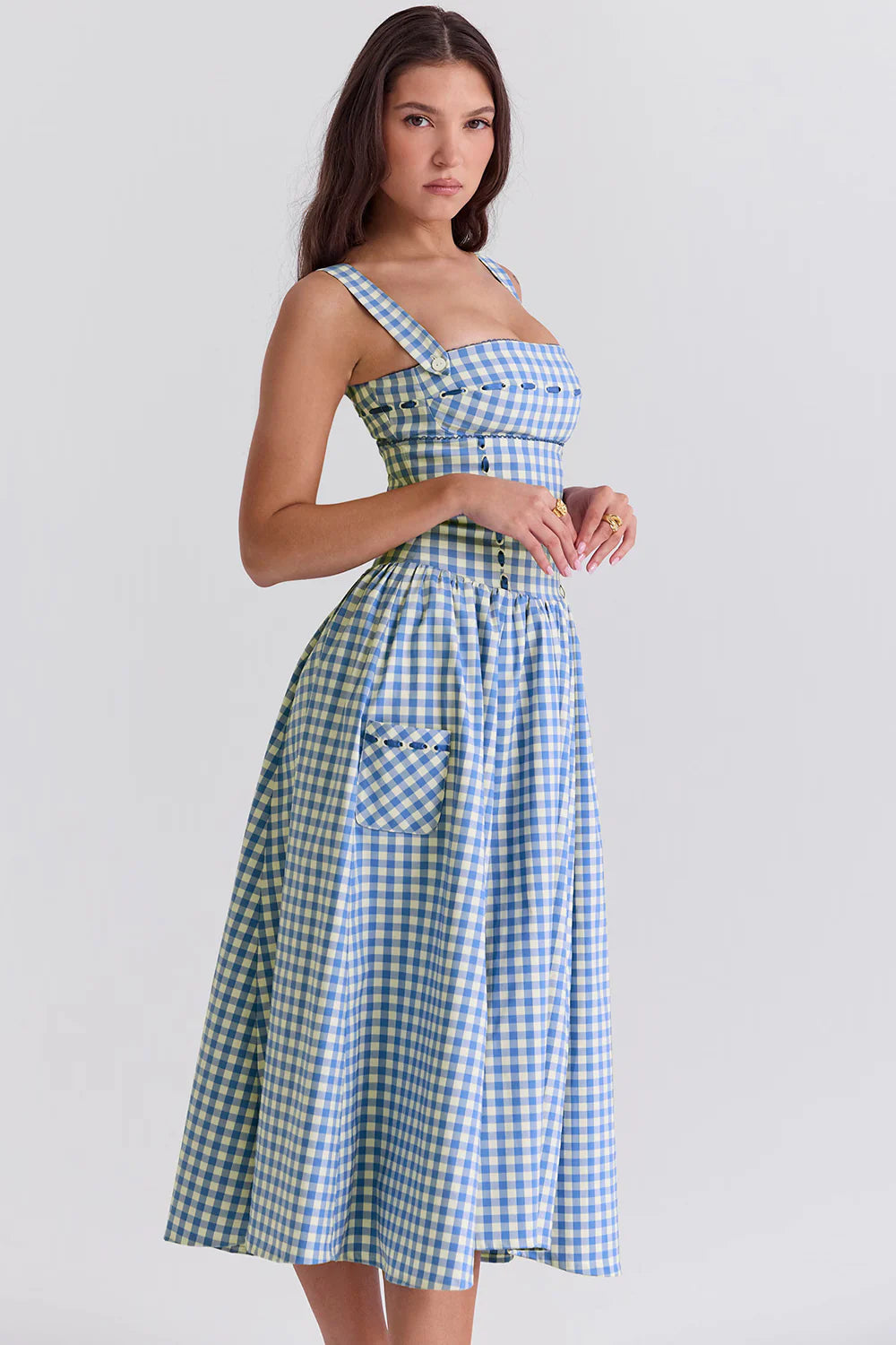 Vestido Midi Xadrez Azul Modelador de Algodão Modelo Castellana