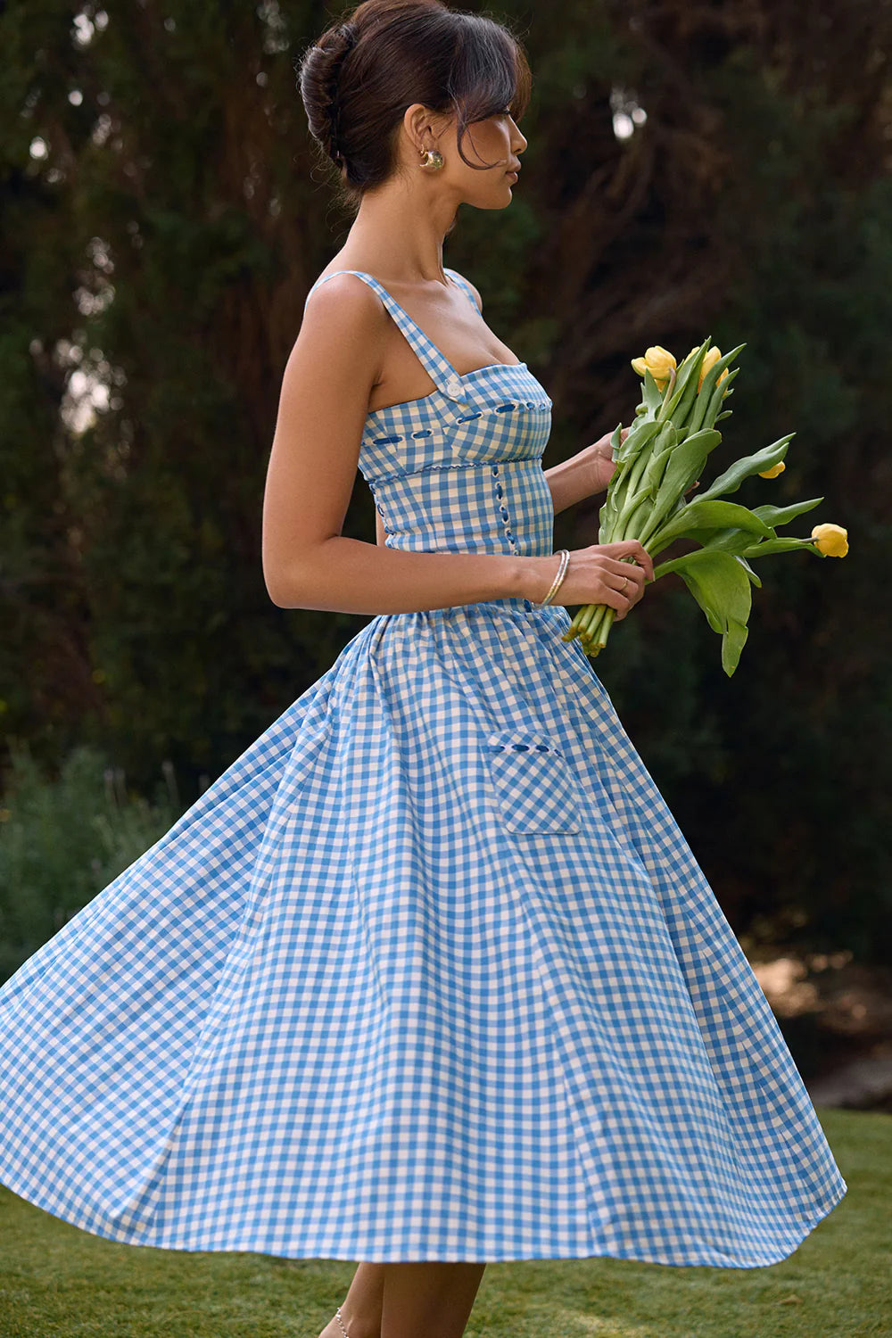 Vestido Midi Xadrez Azul Modelador de Algodão Modelo Castellana