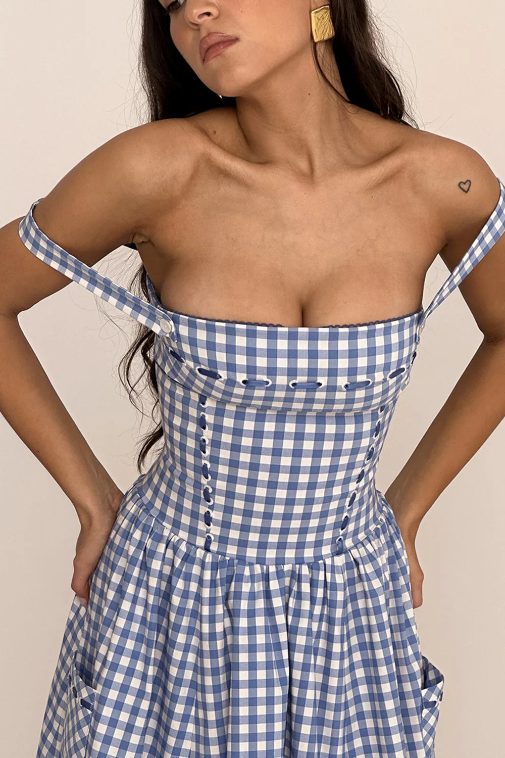 Vestido Midi Xadrez Azul Modelador de Algodão Modelo Castellana