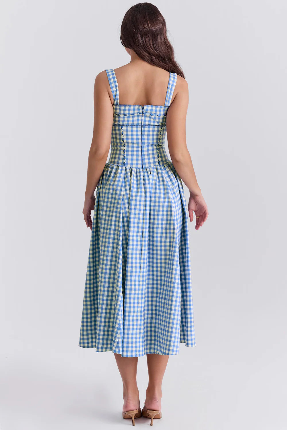 Vestido Midi Xadrez Azul Modelador de Algodão Modelo Castellana