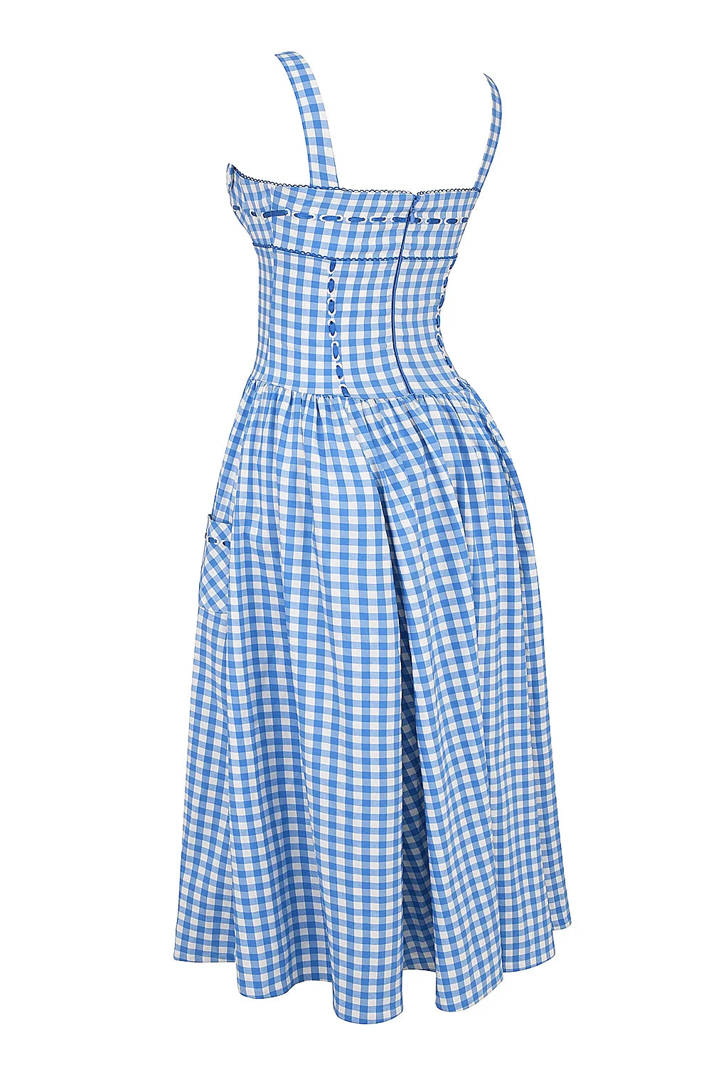 Vestido Midi Xadrez Azul Modelador de Algodão Modelo Castellana