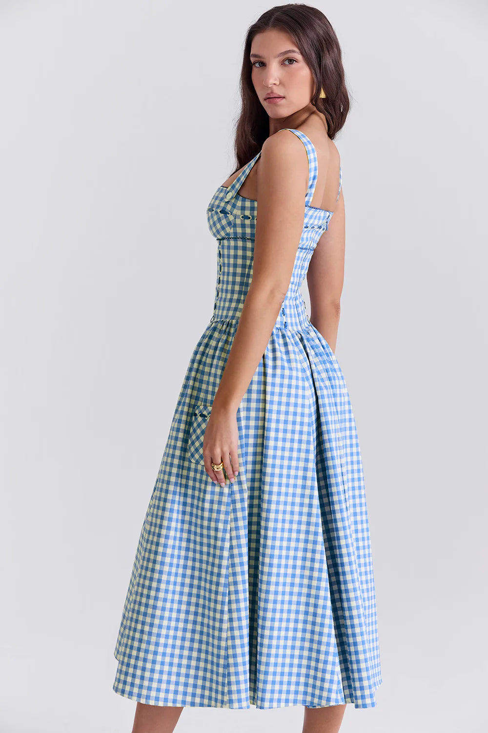Vestido Midi Xadrez Azul Modelador de Algodão Modelo Castellana