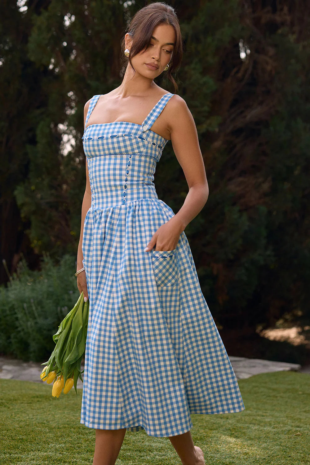Vestido Midi Xadrez Azul Modelador de Algodão Modelo Castellana