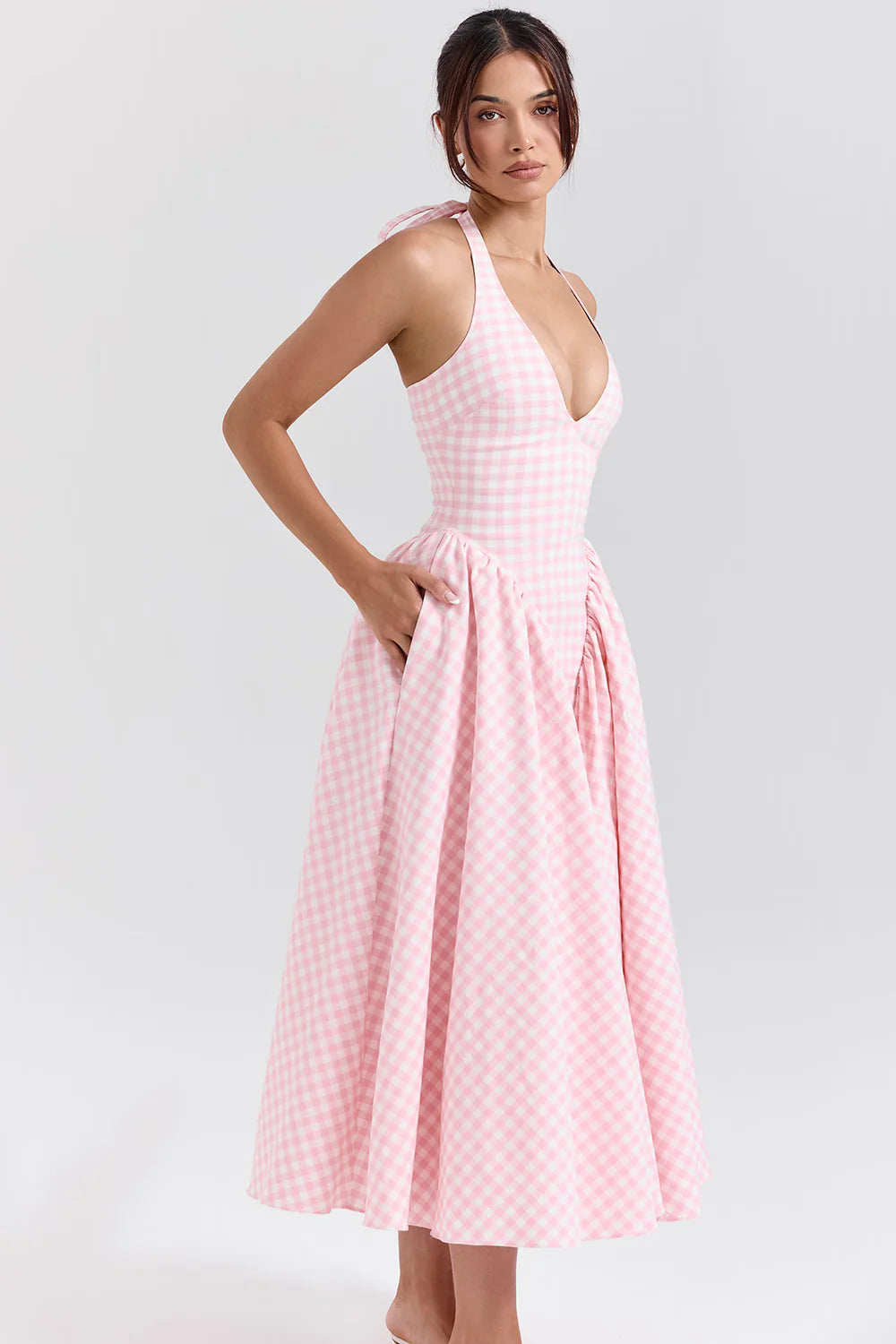 Vestido Midi Rosa Xadrez Olbia
