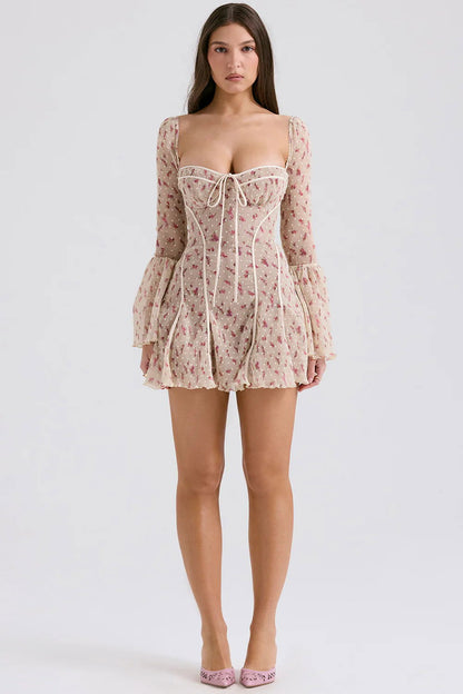 Vestido Curto Modelador Vintage Rosé Floral Modelo Brugherio