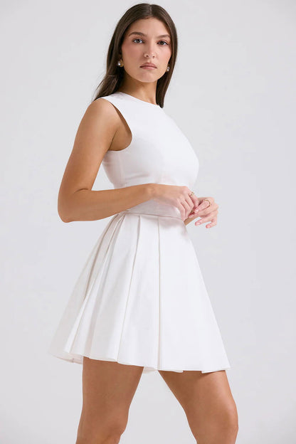 Vestido Curto Plissado de Algodão Branco Modelo Alessandria