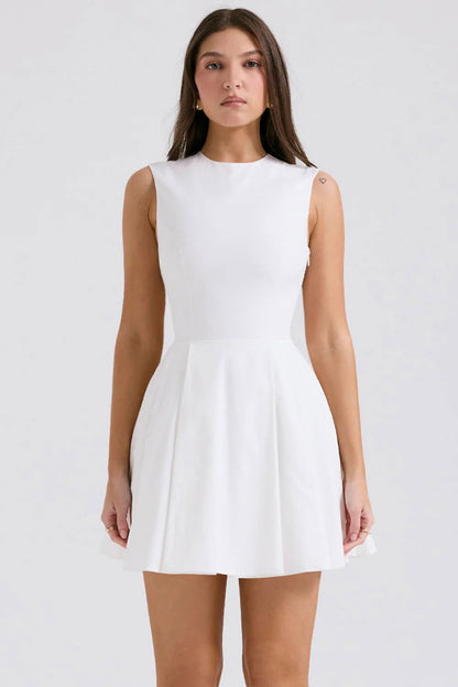 Vestido Curto Plissado de Algodão Branco Modelo Alessandria