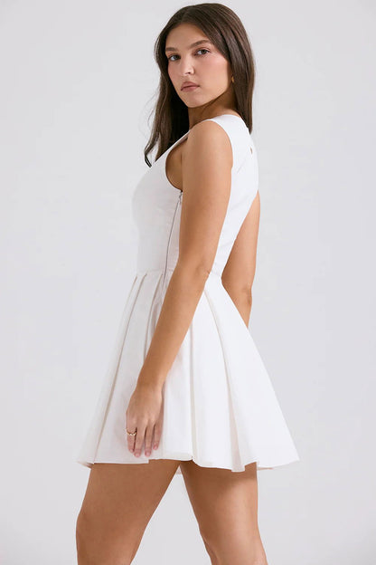 Vestido Curto Plissado de Algodão Branco Modelo Alessandria