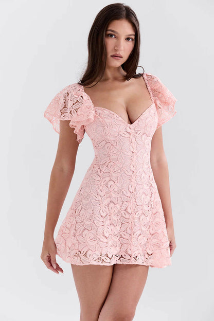 Vestido Curto de Renda Rosa Modelo Sorrento