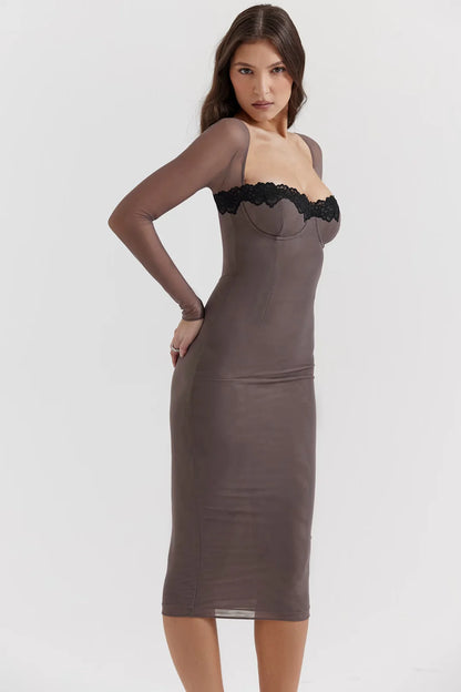 Vestido Midi Cinza Modelador Canelado Modelo Balsamo