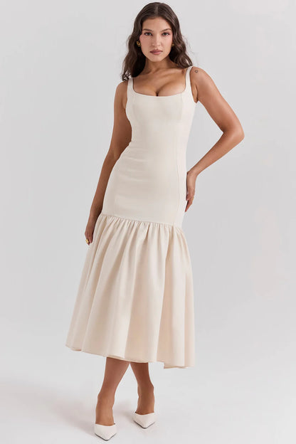 Vestido Midi Creme Cintura Caída Vintage Modelo Terme