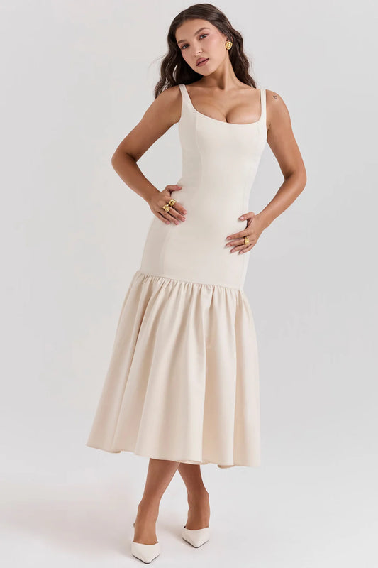 Vestido Midi Creme Cintura Caída Vintage Modelo Terme