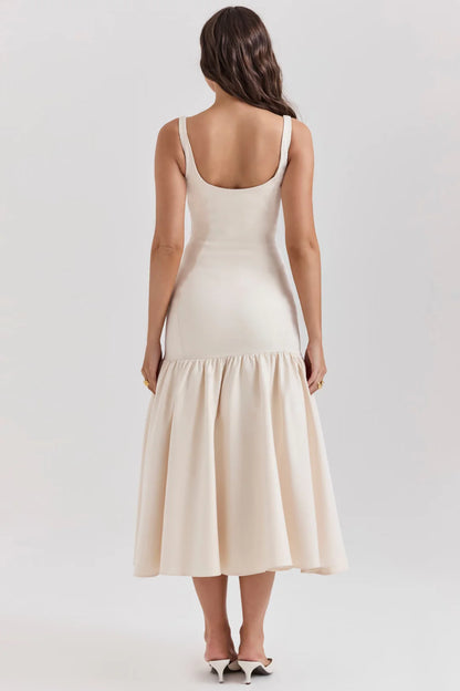Vestido Midi Creme Cintura Caída Vintage Modelo Terme