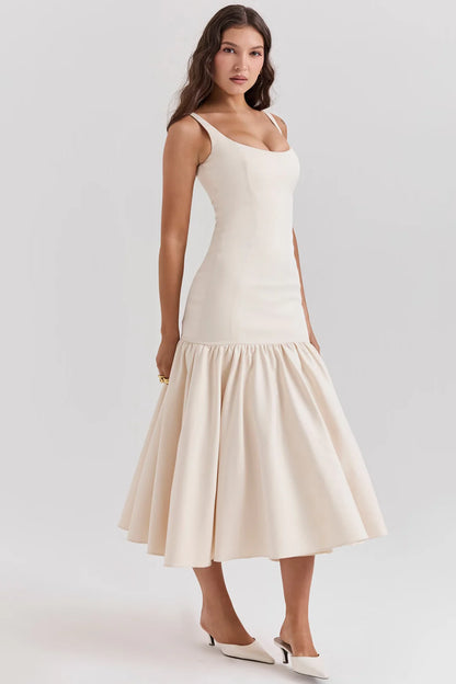 Vestido Midi Creme Cintura Caída Vintage Modelo Terme