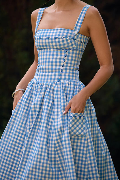 Vestido Midi Xadrez Azul Modelador de Algodão Modelo Castellana
