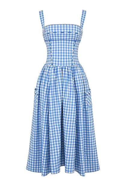 Vestido Midi Xadrez Azul Modelador de Algodão Modelo Castellana