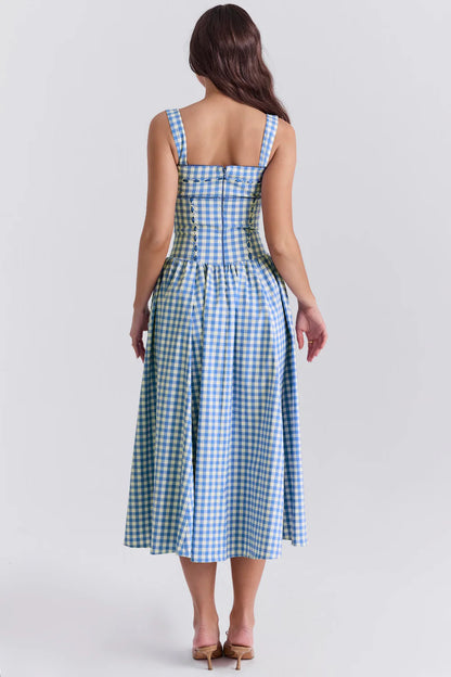 Vestido Midi Xadrez Azul Modelador de Algodão Modelo Castellana
