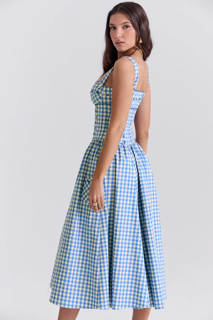 Vestido Midi Xadrez Azul Modelador de Algodão Modelo Castellana