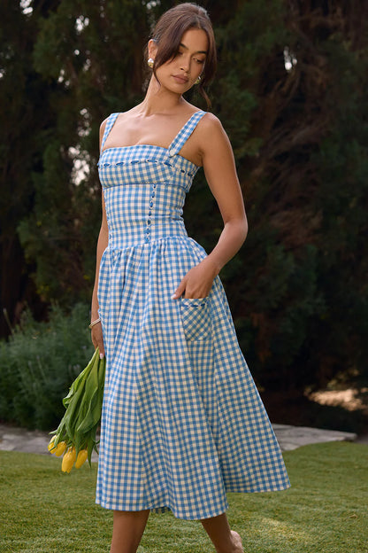 Vestido Midi Xadrez Azul Modelador de Algodão Modelo Castellana