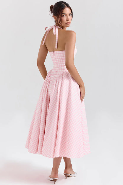 Vestido Midi Rosa Xadrez Olbia