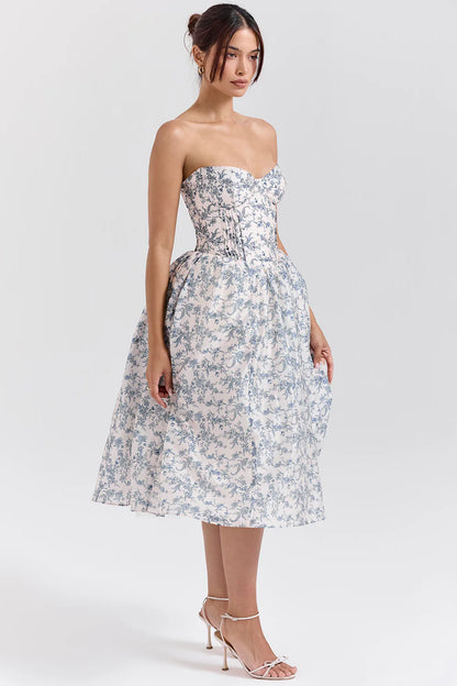Vestido Midi Floral Azul Corniglia