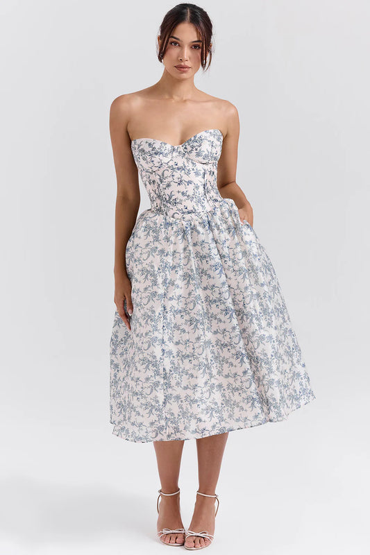 Vestido Midi Floral Azul Corniglia