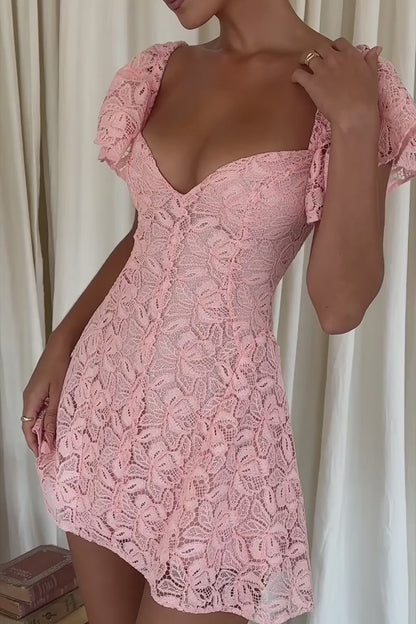 Vestido Curto de Renda Rosa Modelo Sorrento