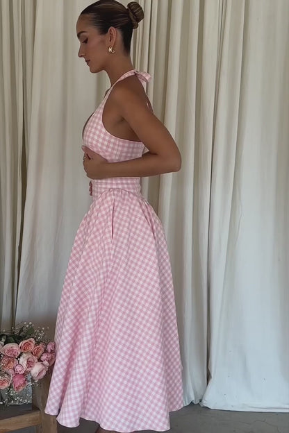 Vestido Midi Rosa Xadrez Olbia